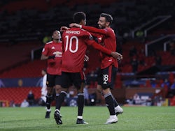 Manchester United's Marcus Rashford celebrates scoring against RB Leipzig in the Champions League on October 28, 2020