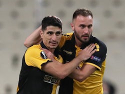 AEK Athens players celebrate scoring against Leicester City in. the Europa League in October 2020