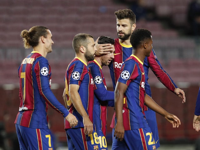 Barcelona players celebrate Lionel Messi's goal against Dynamo Kiev on November 4, 2020