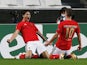 Benfica's Darwin Nunez celebrates with a teammate after scoring against Rangers on November 5, 2020