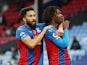 Eberechi Eze celebrates with Andros Townsend after scoring for Crystal Palace against Leeds United in the Premier League on November 7, 2020