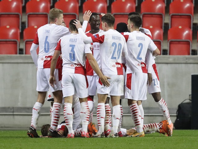 Slavia Prague's Jan Kuchta celebrates with teammates after scoring against Nice on November 5, 2020