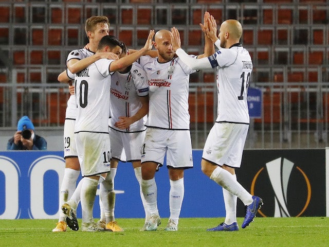 Husein Balic of LASK Linz celebrates scoring against Ludogorets in October 2020