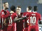 Liverpool players celebrate scoring against Atalanta in the Champions League on November 3, 2020