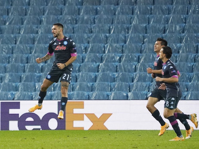 Napoli's Matteo Politano celebrates scoring against Real Sociedad in the Europa League in October 2020