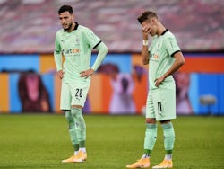 Borussia Monchengladbach players Ramy Bensebaini and Hannes Wolf pictured after losing to Bayer Leverkusen on November 8, 2020