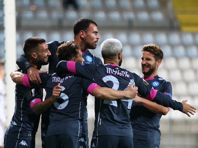 Napoli players celebrate scoring against Rijeka in the Europa League on November 5, 2020