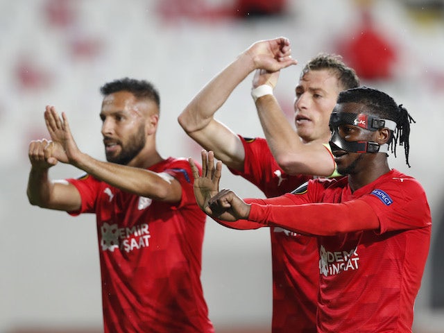 Sivasspor's Olarenwaju Kayode celebrates scoring against Qarabag in the Europa League on November 5, 2020