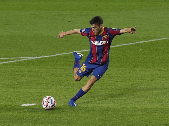 Barcelona's Pedri scores against Ferencvaros in the Champions League in October 2020