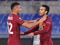 Roma forward Pedro celebrates with Tommaso Milanese after scoring against CFR Cluj on November 5, 2020