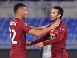 Roma forward Pedro celebrates with Tommaso Milanese after scoring against CFR Cluj on November 5, 2020