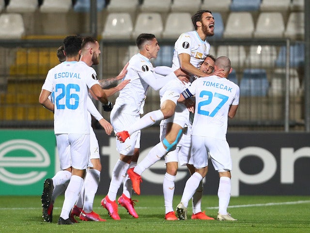 HNK Rijeka players celebrate scoring against Napoli on November 5, 2020
