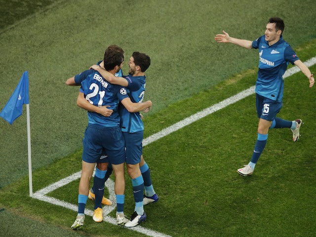 Zenit St Petersburg players celebrate scoring against Lazio on November 4, 2020