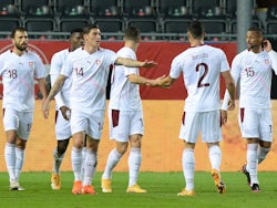 Switzerland players celebrate scoring against Belgium on November 11, 2020
