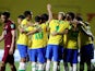 Brazilian players celebrate Roberto Firmino's goal against Venezuela on November 14, 2020