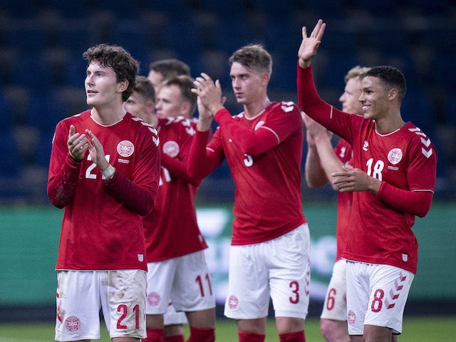 Denmark players celebrate against Sweden on November 11, 2020