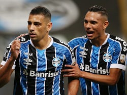 Gremio's Diego Souza celebrates scoring with Luiz Fernando in October 2020