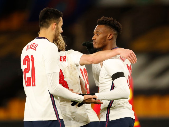 England Under-21 players celebrate Callum Hudson-Odoi's goal against Andorra in the European qualifiers on November 13, 2020