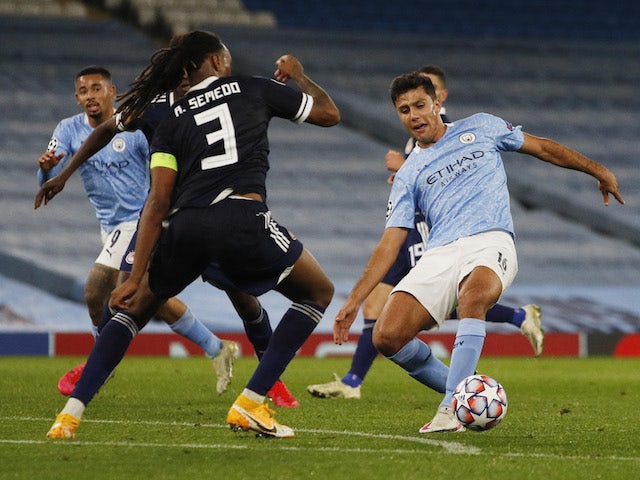 Manchester City's Rodri in action with Olympiacos' Ruben Semedo in the Champions League on November 3, 2020