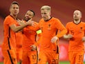 Netherlands midfielder Donny van de Beek celebrates scoring against Spain on November 11, 2020