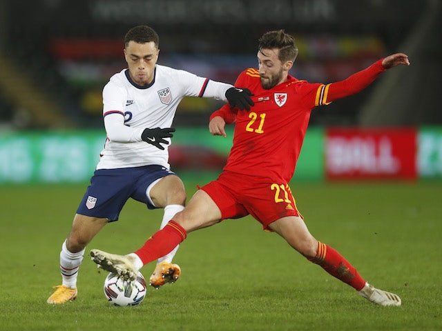 Wales' Josh Sheehan in action with United States' Sergino Dest in an international friendly on November 12, 2020