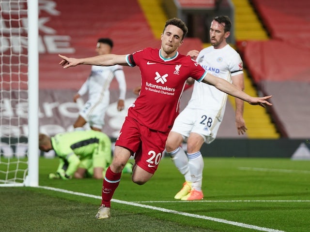 Liverpool's Diogo Jota celebrates scoring against Leicester City in the Premier League on November 22, 2020