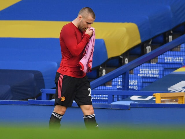 Manchester United defender Luke Shaw walks off after being subbed in November 2020