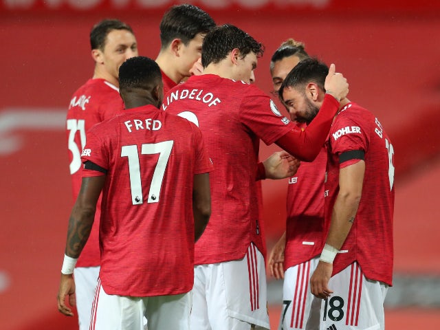 Bruno Fernandes celebrates scoring for Manchester United against West Bromwich Albion in the Premier League on November 21, 2020