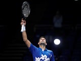 Novak Djokovic reacts after beating Alexander Zverev in the ATP Finals on November 20, 2020