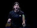 Stefanos Tsitsipas reacts after beating Andrey Rublev at the ATP Finals on November 17, 2020