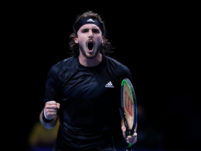 Stefanos Tsitsipas reacts after beating Andrey Rublev at the ATP Finals on November 17, 2020