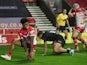 Kevin Naiqama celebrates scoring a try for St Helens against Catalans on November 20, 2020
