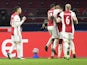 Ajax players celebrate scoring against FC Midtjylland on November 25, 2020