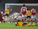 Wolverhampton Wanderers attacker Daniel Podence scores against Arsenal in the Premier League on November 29, 2020