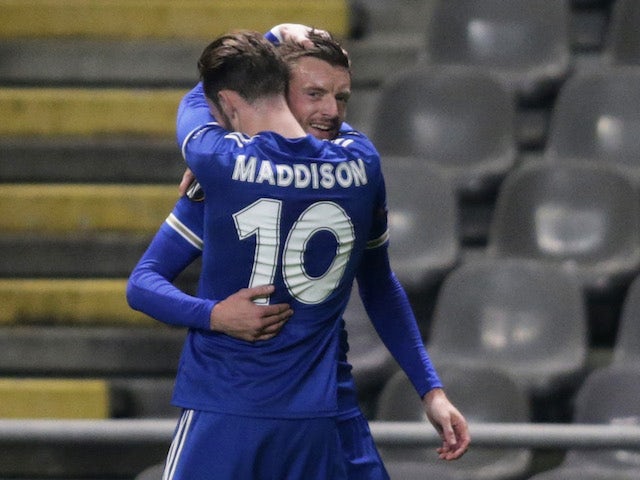 Leicester City forward Jamie Vardy celebrates scoring against Braga in the Europa League on November 26, 2020