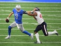 Houston Texans linebacker Nate Hall in action with Detroit Lions quarterback Matthew Stafford on November 26, 2020