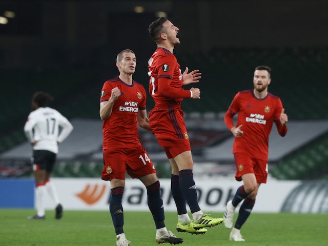 Rapid Vienna's Ercan Kara celebrates scoring against Dundalk in the Europa League on November 26, 2020