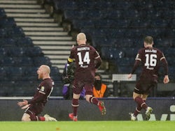 Hearts' Liam Boyce celebrates scoring with teammates against Hibernian on October 31, 2020