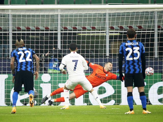 Real Madrid's Eden Hazard scores against Inter Milan in the Champions League on November 25, 2020