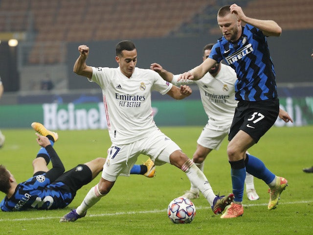Real Madrid's Lucas Vazquez in action with Inter Milan's Milan Skriniar in the Champions League on November 25, 2020