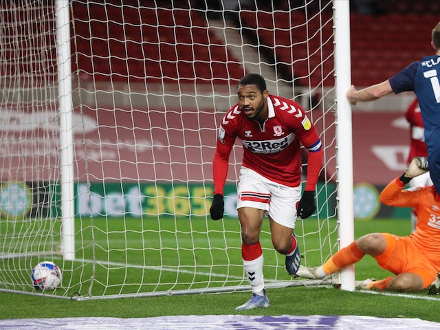 Middlesbrough's Britt Assombalonga celebrates scoring against Derby County in the Championship on November 25, 2020
