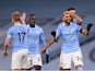 Riyad Mahrez celebrates with teammates after scoring for Manchester City against Burnley in the Premier League on November 28, 2020
