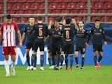Manchester City players celebrate Phil Foden's goal against Olympiacos in the Champions League on November 25, 2020