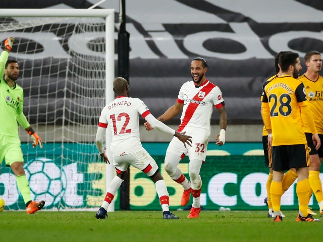 Theo Walcott celebrates his first goal for Southampton since 2006 against Wolverhampton Wanderers in November 2020