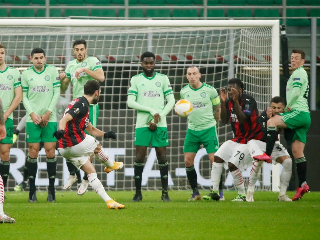 Hakan Calhanoglu scores for AC Milan against Celtic in the Europa League on December 3, 2020