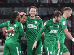 Scott Sinclair celebrates scoring for Preston North End against Bournemouth in the Championship on December 1, 2020