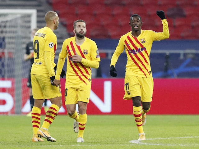 Barcelona's Ousmane Dembele celebrates scoring against Ferencvaros in the Champions League on December 2, 2020