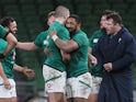 Ireland players celebrate after beating Scotland in the Autumn Nations Cup on December 5, 2020