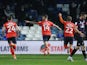 Luton Town's George Moncur celebrates scoring against Norwich City in the Championship on December 2, 2020