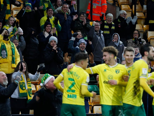 Max Aarons celebrates scoring for Norwich City against Sheffield Wednesday in the Championship on December 5, 2020